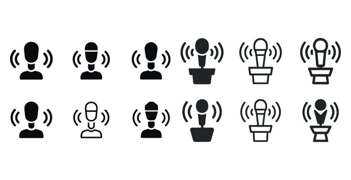 Icon set of speakers and microphones with sound waves