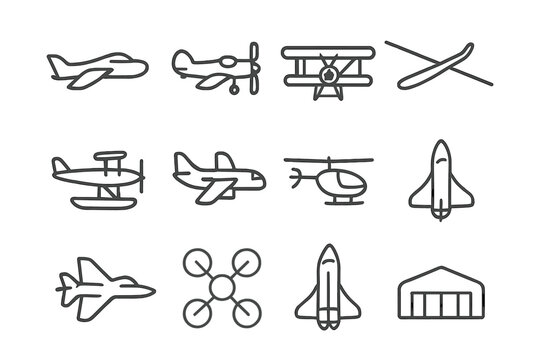 Aircraft Icon Set. Aircraft types. Line icon set of aircraft types: jet, propeller plane, biplane, glider, seaplane, cargo plane, helicopter, fighter jet,