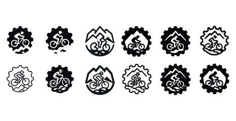 Mountain bike logos collection featuring gear and mountain motifs