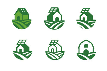 Eco-Friendly Farming Icons. Eco-Friendly Farming Practices. Icon set. Set Logo of Eco-Friendly Farming: solar barn and green field. harmonious logo variations