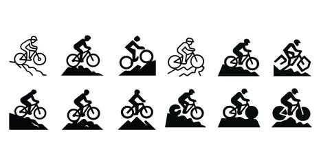 Fototapeta premium Mountain biking icons set: cyclists on various terrain challenges