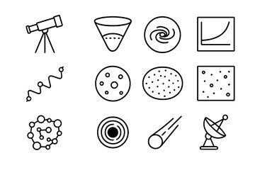 Universe Icon Set. Observable universe. Line icon set of observable universe: telescope, cosmic horizon, galaxy map, redshift graph, photon path, cosmic