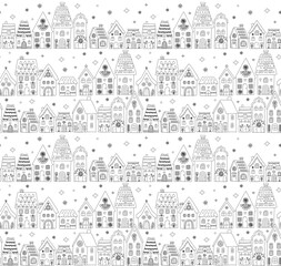 Naklejka premium Scandinavian Winter Village Doodle seamless pattern, Cozy Folk Art Houses Illustration