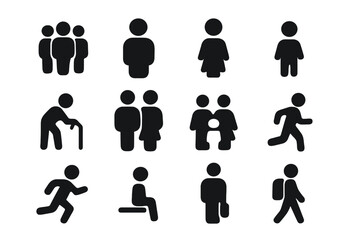 Crowd Icon Set. Crowd. Solid icon set of Crowd: group of people, man, woman, child, elderly person, couple, family, person walking, person running, person