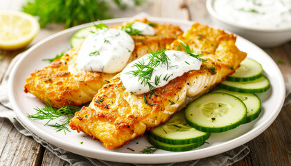 Fried fish fillets on cucumbers, white cream sauce with dill. AI