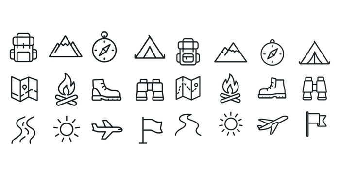Outdoor adventure icons collection: camping, hiking, travel, and exploration symbols