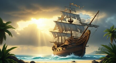 An old wooden sailing ship with white torn sails approaches a tropical beach at golden sunset
