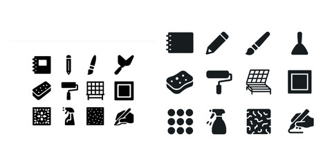 Art and cleaning tools icons set: brushes, sponges, rollers, sprayers, palettes