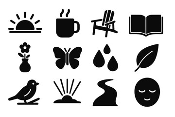 Morning Garden Icons. Morning garden reading. Solid icon set of Morning garden reading: sunrise, mug of coffee, garden chair, open book, flower vase,