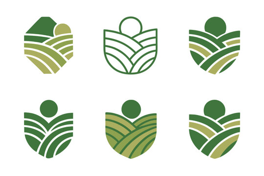Agriculture Climate Icons. Agriculture and climate change. Icon set. Set Logo of agriculture and climate change: terraced hillside farming with erosion