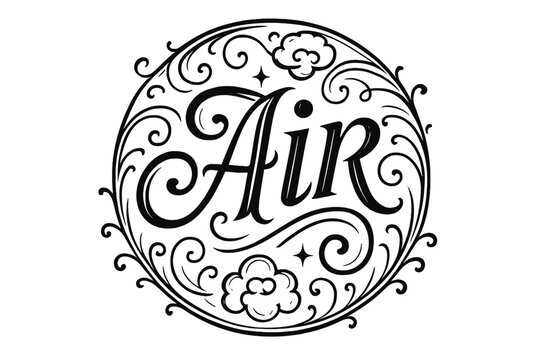 Ornamental Air Lettering. Air ? flourished classic ornamental lettering; medium-weight strokes with elegant swashes and balanced curls; circular composition