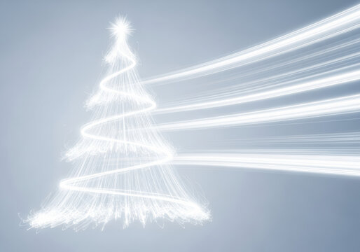 Abstract Christmas tree illustration with glowing light trails on a soft gray background