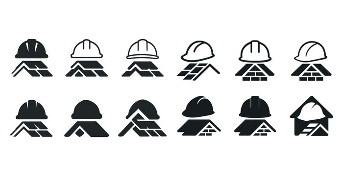 Construction and roofing icons: hard hats, roofs, industrial symbols collection - Powered by Adobe