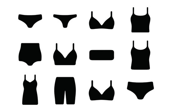 Seamless Underwear Icons. Seamless Underwear. Solid icon set of Seamless Underwear: bikini brief, thong, hipster brief, boyshort, high waist brief, bralette,