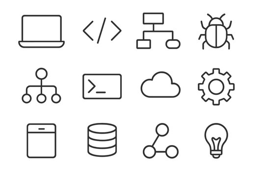 Programming Workflow Icons. Programming workflow. Line icon set of programming workflow: laptop, code brackets, flowchart, bug, commit, terminal, cloud, gear,