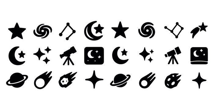 Collection of space-themed icons featuring planets, stars, and telescopes
