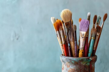 Artistic Paintbrushes in a Ceramic Vase Against a Textured Teal Background