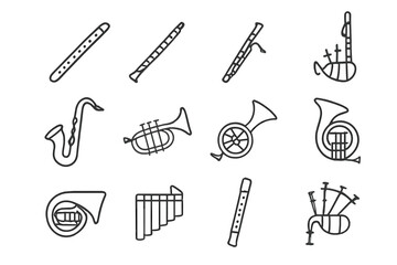 Obraz premium Wind Instrument Icons. Wind instruments. Line icon set of wind instruments: flute, clarinet, oboe, bassoon, saxophone, trumpet, trombone, french horn, tuba,