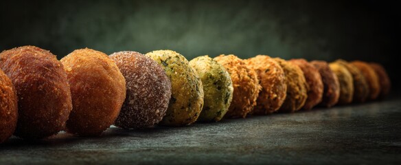 Assorted doughnuts variety displayed in a row against dark background,National Fritters Day