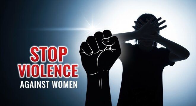 Dark silhouette of a vulnerable female hiding her face, a powerful raised fist demanding an end to gender based aggression. Symbolic message for stopping domestic abuse and empowering women globally.