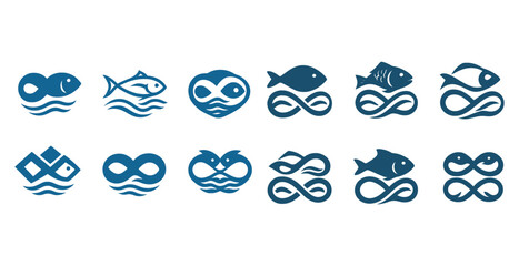 Fototapeta premium Collection of blue fish and infinity symbols in various styles and designs