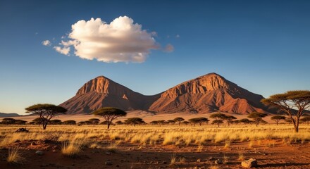 Golden light illuminates desert mountains with scattered acacia trees and dry grass under a clear blue sky