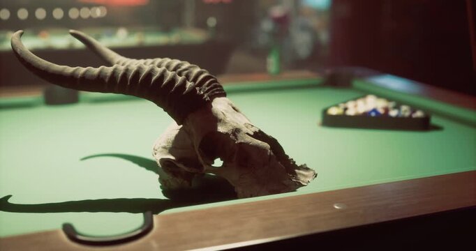 A large skull with prominent horns rests on a green pool table in a dimly lit bar. The atmosphere is relaxed and inviting, with colorful lights in the background enhancing the scene.