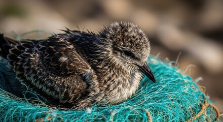 Young bird chick resting on bright blue discarded fishing net outdoors, highlighting marine pollution