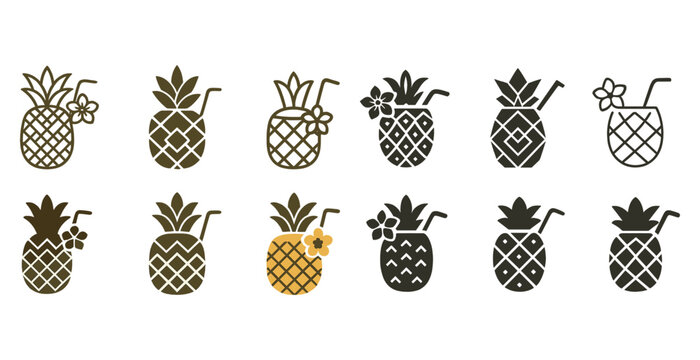 Set of pineapple drink icons with decorative elements