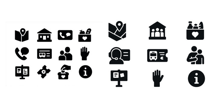 Collection of various icons representing communication, maps, health, and information services