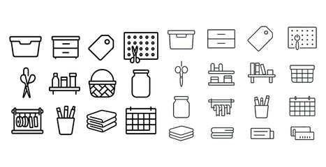 Collection of household organization and storage icons in black and white