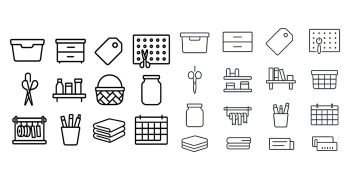 Collection of household organization and storage icons in black and white