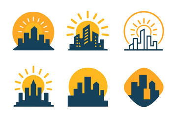 Vibrant City Icons. Vibrant city life. Icon set. Set Logo of vibrant city life: modern city skyline with rising sun. harmonious logo variations of the same