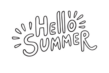 Hand drawn Hello Summer black outline lettering with sunburst doodles on white background contour typography