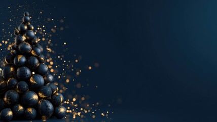 Elegant black christmas tree with golden sparkle on dark background