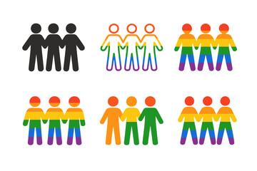 Colorful Pride Logos. Pride. Icon set. Set Logo of pride: people holding hands. harmonious logo variations of the same emblematic concept, each with different