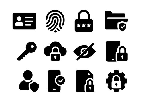 Data Protection Icons. Personal data protection. Solid icon set of Personal data protection: ID card, fingerprint, password lock, data folder, encryption key,