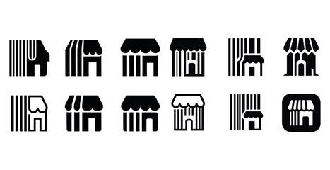 Set of black and white minimalist storefront icons with awnings