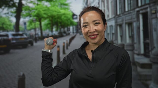 Woman lifting small dumbbell on street near bollards and parked cars; confidence fitness wellbeing energy.