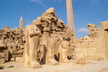 Egypt, Luxor, 01.02.2022. Ancient Sandstone Ruins of Old  Egyptian God in the Karnak Temple Complex near Luxor, Egypt