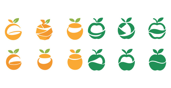 Colorful fruit icons set with orange and green design elements