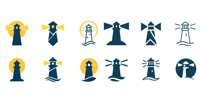 Collection of 12 unique lighthouse logos in minimalist style