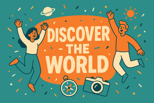 Explore the World. Discover the world banner, flat vector illustration, bold oversized text inside rounded blob, cartoon characters jumping and waving, compass