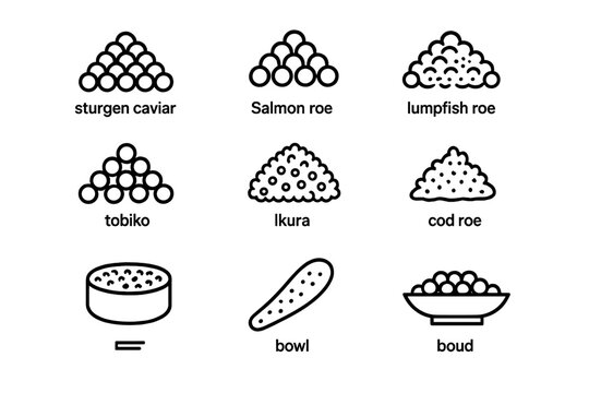 Caviar Icon Collection. Caviar types. Line icon set of caviar types: sturgeon caviar, salmon roe, lumpfish roe, trout roe, tobiko, ikura, masago, cod roe,