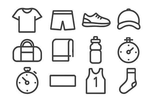 Minimalist Sportswear Icons. Sportswear. Line icon set of sportswear: T-shirt, shorts, sneakers, cap, gym bag, towel, water bottle, dumbbell, stopwatch,