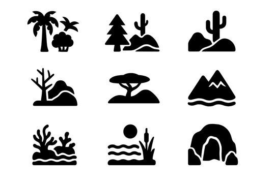 Wild Biome Icons. Wild Biomes. Solid icon set of Wild Biomes: rainforest, forest, desert, tundra, savanna, mountain, river, ocean, wetland, coral reef,