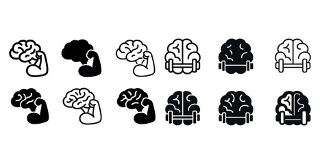 Brain fitness icons: strong brain and dumbbell illustrations