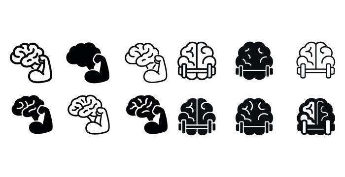 Brain fitness icons: strong brain and dumbbell illustrations