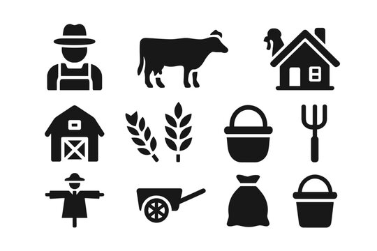 Peasant Life Icons. Peasant Life. Solid icon set of Peasant Life: farmer, cow, chicken, cottage, barn, wheat, basket, pitchfork, scarecrow, cart, sack of