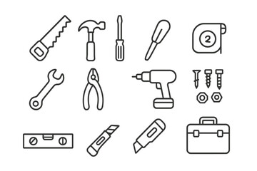 Fototapeta premium Carpentry Tools Icons. Carpentry tools. Line icon set of Carpentry tools: saw, hammer, screwdriver, tape measure, wrench, pliers, drill, nails, bolts, level,